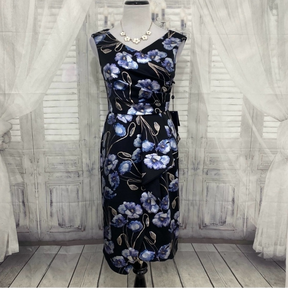 Adrianna Papell V Neck Jacquard Black Blue Sleeveless V Neck Dress Pencil Formal